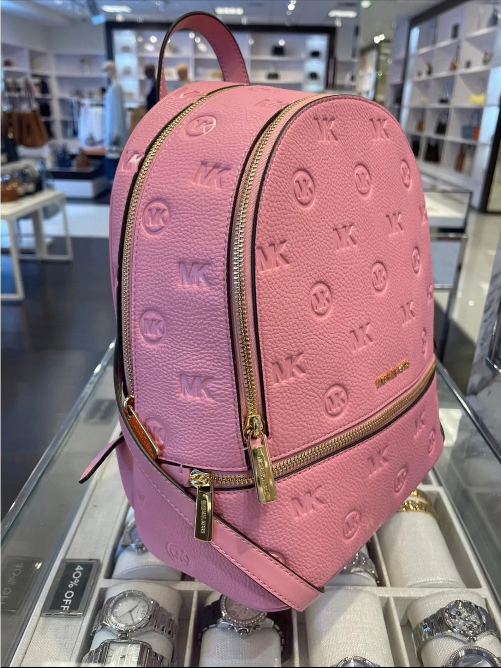 Michael Kors Rhea Medium Zip MK Logo Debossed Backpack Carnation NWT